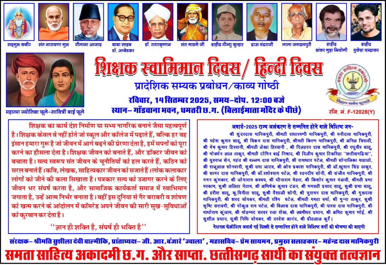 धमतरी में शिक्षक स्वाभिमान व हिन्दी दिवस पर 24 शिक्षक, 18 समाजसेवी, 4 साहित्यकार, 8 लोक कलाकार और 4 पत्रकार होंगे सम्मानित