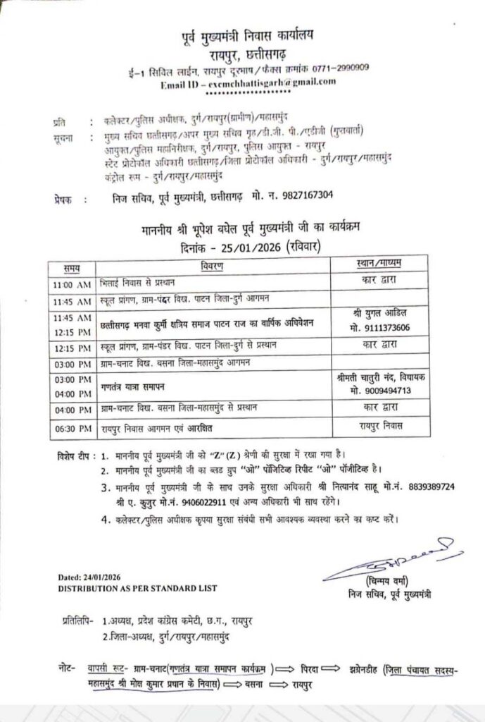पूर्व मुख्यमंत्री भूपेश बघेल के दुर्ग–महासमुंद प्रवास का विस्तृत कार्यक्रम जारी
