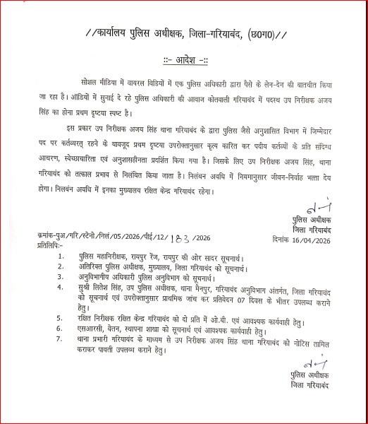 वायरल ऑडियो कांड: गरियाबंद में उप निरीक्षक निलंबित,
