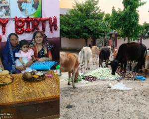 कोसमंदी गांव में सनातनी परंपरा निभाते हुए साहू परिवार ने बेटी के जन्मोत्सव पर गौ सेवा को प्राथमिकता दी