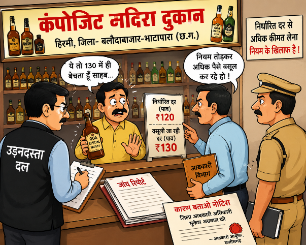 हिरमी शराब दुकान में ओवररेट का पर्दाफाश, जिला आबकारी अधिकारी को कारण बताओ नोटिस—विभाग में मचा घमासान