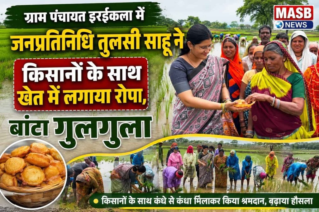 ग्राम पंचायत इरईकला में जनप्रतिनिधि तुलसी साहू ने किसानों के साथ खेत में लगाया रोपा, बांटा गुलगुला