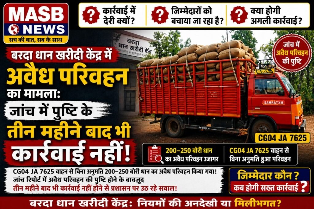 बरदा धान खरीदी केंद्र में अवैध परिवहन का मामला: जांच में पुष्टि के तीन महीने बाद भी कार्रवाई नहीं, उठ रहे गंभीर सवाल