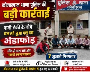 कोमाखान थाना पुलिस की बड़ी कार्रवाई: पानी टंकी के नीचे चल रहे जुआ फड़ का भंडाफोड़, 7 जुआरी गिरफ्तार